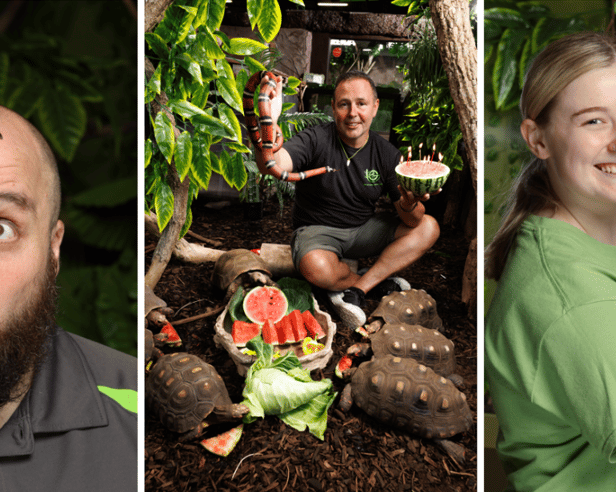 James Hennessy with Lactose the milk snake and a creep of red-footed tortoises; and Jess Devitor with Stig the scorpion