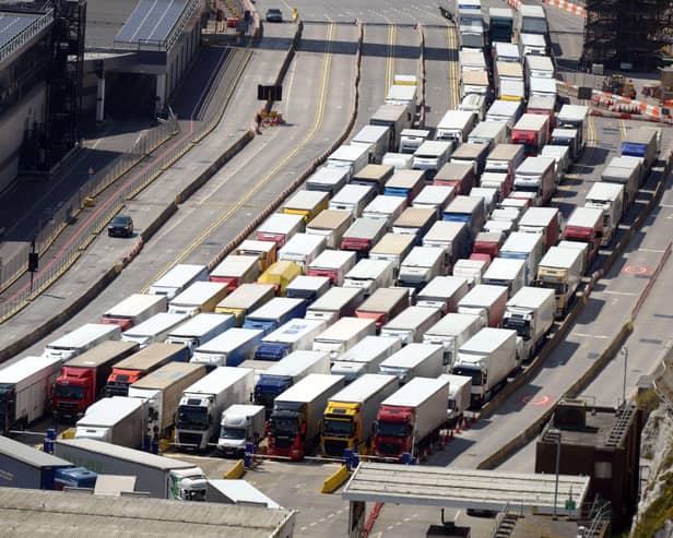 Lorries carrying freight to Europe queue at the Port of Dover