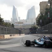 Mercedes driver George Russell of Britain steers his car during the qualifying session