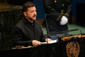 Ukraine’s President Volodymyr Zelenskyy speaks during the United Nations General Assembly