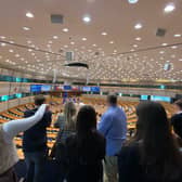 Achill students in the European Parliament's hemicycle chamber