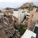 A general view of the area where a powerful blast caused a building to collapse in Athens’ Plaka district