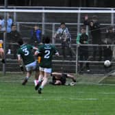 A hidden Brian Leyden strikes for Ballinamore Sean O'Heslins' decisive third goal against Mohill in Saturday's Connacht Gold SFC Semi-Final in Heartland Credit Union Pairc Sean Mac Diarmada Picture: Willie Donnellan
