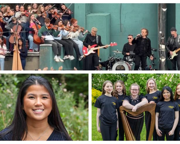 Kiêu Conroy from Mountmellick peformed with U2 in Mount Temple. Also pictured with fellow musicans in Music Generation Laois. 