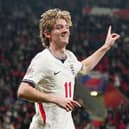Anthony Gordon celebrates scoring England’s first goal against Czechia