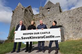 Campaigners take their castle lobby to the gates. Eamonn Coy, Director of Kinvara Community Council, Fran O'Reilly, Kinvara Heritage Group, Des O'Reilly, Kinvara Community Council, and Karen Pappin, Kinvara Heritage Group, before the start of the Dunguaire Castle Gathering event in Kinvara on Wednesday September 30th

