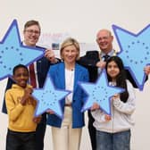 MEP Nina Carberry launching the Blue Star Programme with CEO of European Movement Ireland, David Geary and President of INTO, Brendan Horan and participating pupils