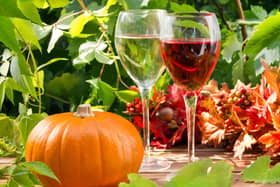 Pumpkin with glass of white and red wine