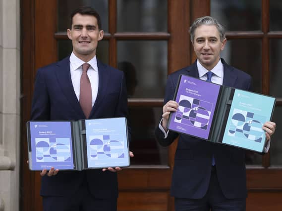 Public Expenditure Minister Jack Chambers and Finance Minister Simon Harris with the Budget 2027