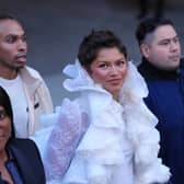 Zendaya wearing a white lace ensemble