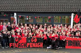 ​Pupils from St Caillins National School in Fenagh out in force to cheer on Fenagh St Caillins ahead of next Sunday's Connacht Gold Leitrim Senior Football Championship Final against Ballinamore Sean O'Heslins in Heartland Credit Union Pairc Sean Mac Diarmada Picture submitted