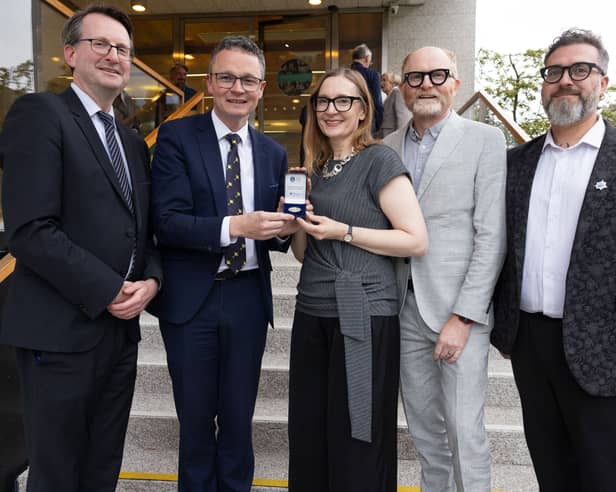Pictured L-R Professor Patrick Geoghegan, Director of Trinity Long Room Hub, Minister For Culture, Communications and Sport, Patrick O’Donovan TD,  Nora Twomey, Paul Young, Tom Moore