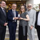 Pictured L-R Professor Patrick Geoghegan, Director of Trinity Long Room Hub, Minister For Culture, Communications and Sport, Patrick O’Donovan TD,  Nora Twomey, Paul Young, Tom Moore