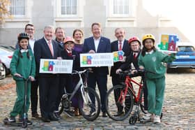 Pictured at Government Buildings are Darragh O’Brien TD, Jerry Buttimer TD, Seán Canney TD, Finola O’Driscoll, Joe Seymour, Thomas Connell  and school children Danni Gilmore (10) and Kyle Gerie (11) from Sylane National School Tuam Co. Galway and Gourika Anand (11) and Anna O'Connor (11) from St. Colmcilles Girls National School Swords.