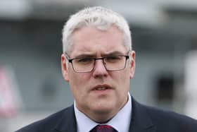 DUP leader Gavin Robinson speaks to journalists
