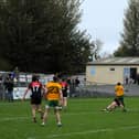 Ballinamore Sean O'Heslins' Tom Prior sends the ball to the Fenagh St Callins net during Sunday's Connacht Gold Leitrim SFC Final in Heartland Credit Union Pairc Sean Mac Diarmada Picture: Willie Donnellan