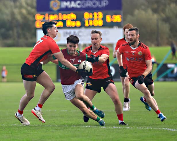Action from the McFeely Group Derry IFC semi-final, Greenlough v Eoghan Rua at Owenbeg on Saturday. 