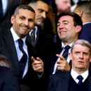 Andy Burnham speaks to Manchester City chairman Khaldoon Al Mubarak prior to the Vincent Kompany testimonial at the Etihad Stadium, Manchester