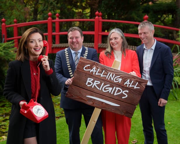 Jennifer Zamparelli pictured with Tim Durkan, Cathaoirleach of Kildare, Sonya Kavanagh, the chief executive of Kildare County Council, and Alan Dunney, the director of services at Kildare County Council, at the Japanese Gardens in the Irish National Stud, Kildare, launching Brigid, Spirit of Kildare Festival 2027
