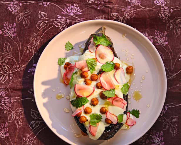BAKED AUBERGINE with WHIPPED FETA, PICKLED RADISH and CHICKPEAS. GATHERING by Monica Galetti. Image credit Yuki Sugiura