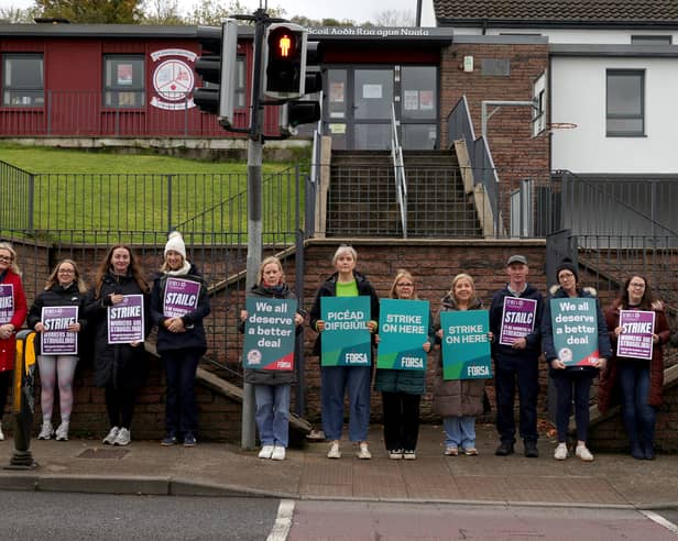 Staff members from Scoil Aodh Rua agus Nuala on the picket line in Donegal Town on Wednesday