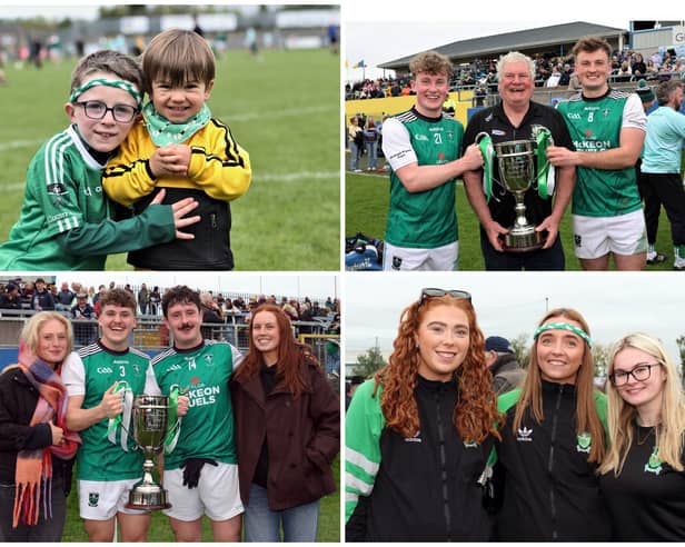 The Clonguish junior football squad, mentors and family members celebrating their dramatic win over Ballymore in the ‘A’ championship final, completing the first part of a memorable double at Glennon Brothers Pearse Park 