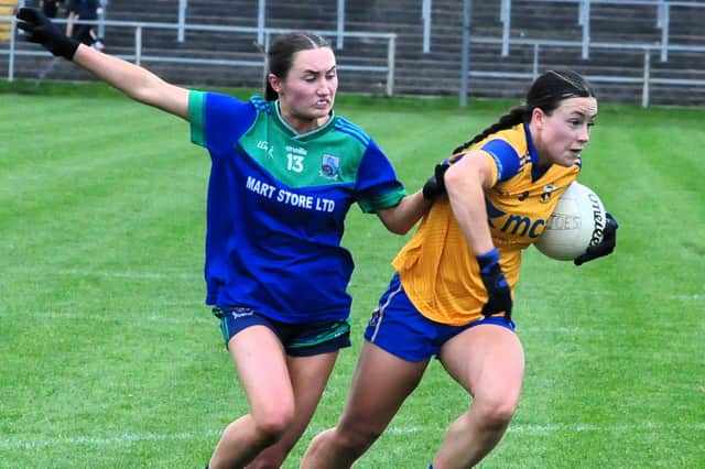 St Joseph’s Rachel McIntyre tackles Glencar Manor’s Dearbhla Rooney in last year’s decider - both Leitrim players are key performers for their club teams in next Saturday’s Senior Final Picture: Willie Donnellan