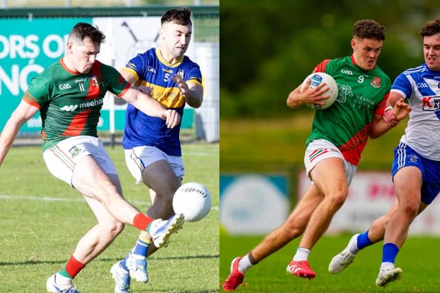 Alan Dignam of Milltown and Tom Martin of Suncroft in action in this year's National Electrical Wholesalers Kildare IFC