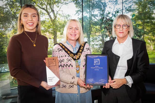 Dr Emily Wray pictured with Mayor of Causeway Coast and Glens, Councillor Dawn Huggins and Principal Planning Officer, Jennifer Lundy.