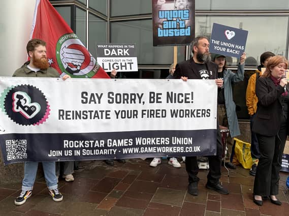 Former Rockstar Games employees holding a rally