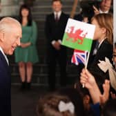 The King is greeted by school children at the ceremonial opening of the Senedd