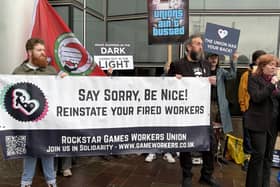 Former Rockstar Games employees holding a rally