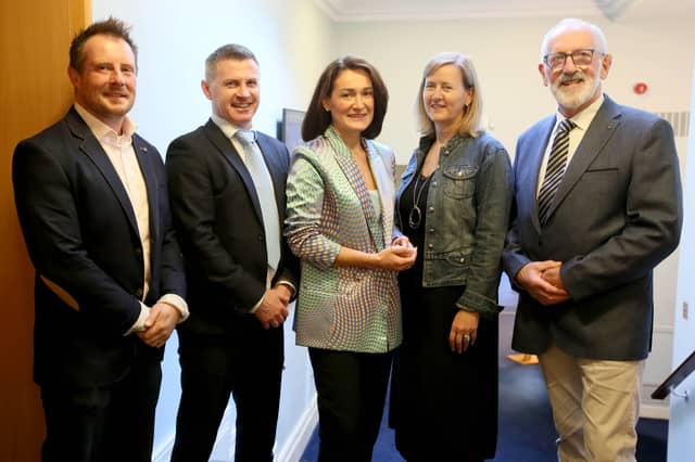 Pictured at Community Finance Ireland's 25th anniversary celebration in Leinster House with Dónal Traynor, Group CEO of Community Finance Ireland, are CFI clients (l-r): Phil Thompson, CEO of Tiglin, Miriam Spollen, Founder of Connections Arts Centre and Joe Fahy of Kilberry Tennis and Padel Club.