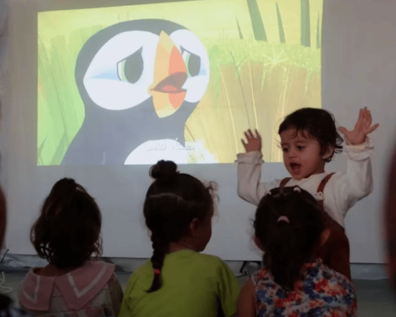 Children in Gaza enjoying a screening of Puffin Rock (produced by Kilkenny animation studio Cartoon Saloon)