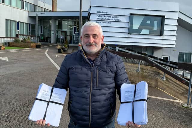 Leonard Watson outside of the Letterkenny Public Services Centre with the 4,500 signed petitions