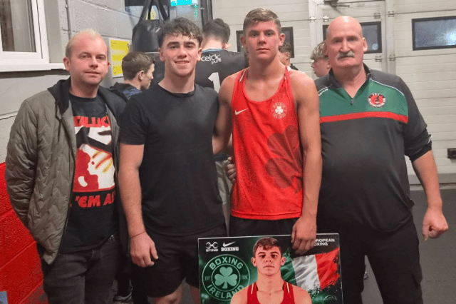 Cllr Maurice Shortall (left) pictured at the homecoming for boxer John Delaney (in red) earlier this week alongside Pat Stokes (right)