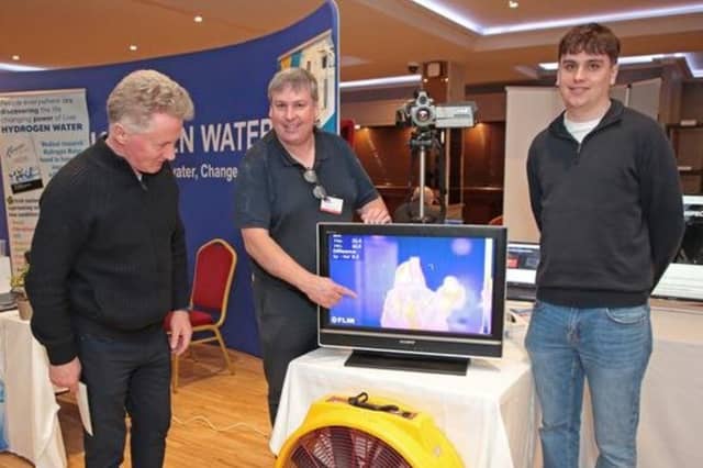 Paddy Flynn meets Paul and Jim Crossan of Crossan Energy at the Longford Leader / Longford Live Build and Renovate Expo 2026 in the Longford Arms Hotel