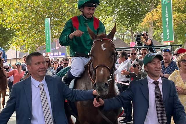 Rayif and Mickael Barzalona after winning the Prix Jacques le Marois (Neil Morrice/PA)