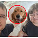 Ukrainian refugees Pavlo Romaniuk, 31, and Yuliia Nahaiets, 30, with their faithful guide dog Amigo.