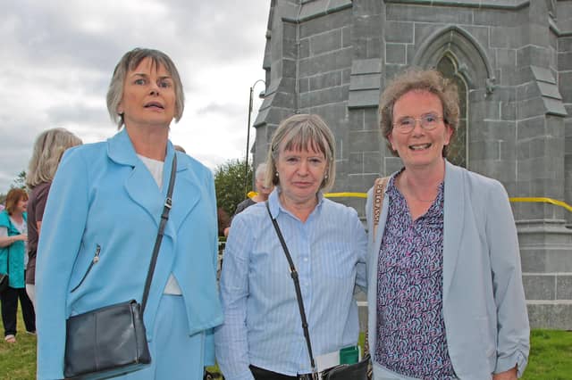 Una Byrne, Patricia Lyons and Mary Keegan at the ceremony in August to mark the restoration of the Fetherston Clock Tower in Ardagh and its surrounding railings and walls Picture: Shelley Corcoran