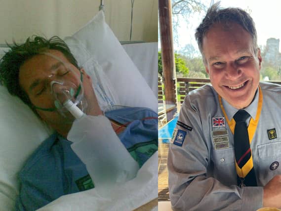 Quentin Webb in hospital (left picture) vs Quentin Webb in his Scout uniform (right picture)