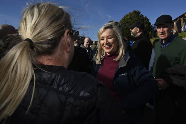 Michelle O’Neill facing questions from the media on the Garvaghy Road (Mark Marlow/PA)