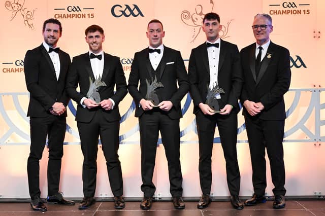GPA Chief executive officer Tom Parsons, left, and Uachtarán Chumann Lúthchleas Gael Jarlath Burns, right, with 2026 Joe McDonagh Cup Team of the Year Award winners, from left, Ryan McCambridge of Antrim, Stephen Maher of Laois, and Aaron Dunphy of Laois, during the GAA Champion 15 Awards 2026 ceremony at Croke Park in Dublin. Photo by Sam Barnes/Sportsfile