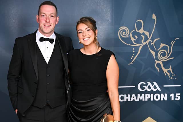 Laois hurler Stephen Maher with Claire Brophy upon arrival at the GAA Champion 15 Awards 2026 ceremony at Croke Park in Dublin.