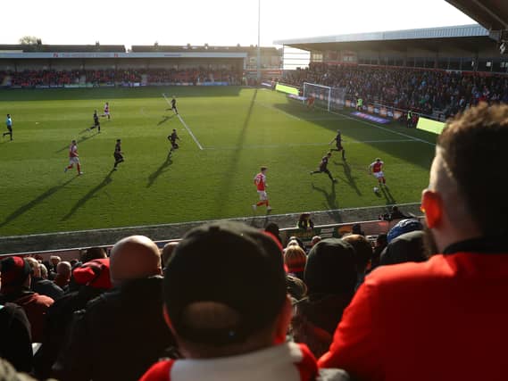 General view of match action from the stands at Fleetwood