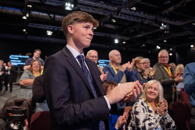 The SNP leader was applauded by his teenage son Matthew , who was in the audience for this father’s speech (Jane Barlow/PA)