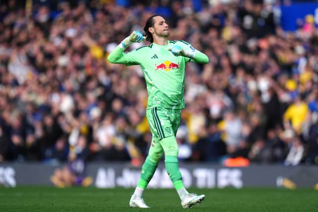 Leeds goalkeeper James Trafford celebrates his side’s equaliser (Annabel Lee-Ellis/PA).