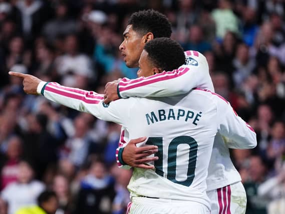 Real Madrid’s Kylian Mbappe and Real Madrid’s Jude Bellingham celebrate after scoring