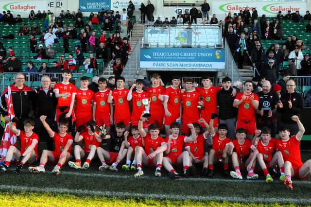 Dromahair players and mentors celebrate their victory in Sunday's Westlink Coaches U17 FC Division 2 Final in Heartland Credit Union Pairc Sean Mac Diarmada Picture: Willie Donnellan