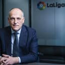 Javier Tebas in front of LaLiga's logo